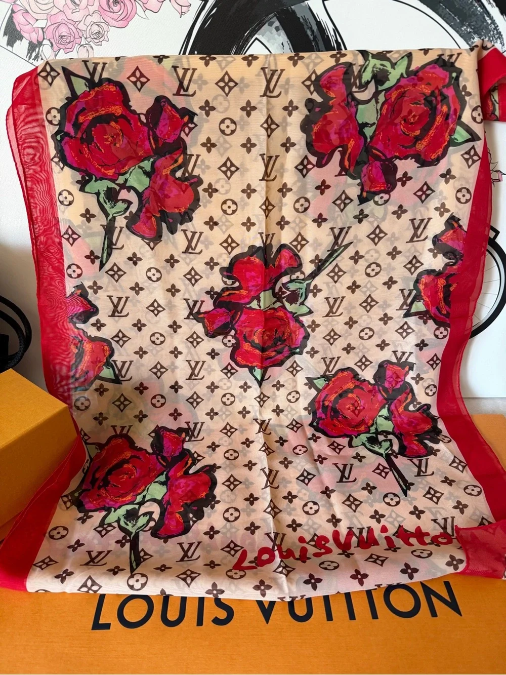 Louis Vuitton Silk Monogram Scarf Roses